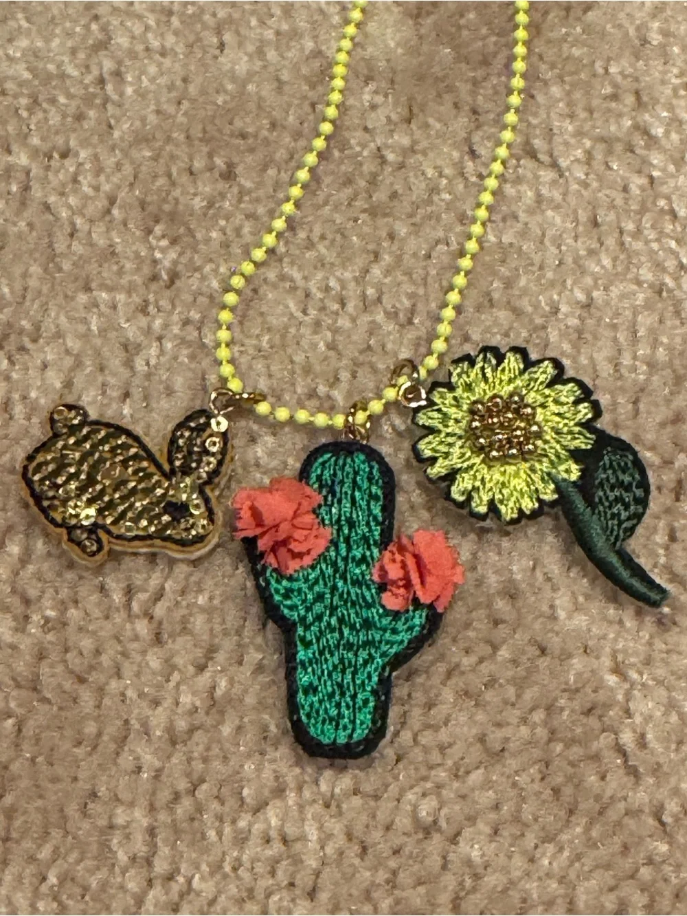 Crewcuts Neon Yellow Beaded Necklace with Cactus,Flower & Bunny Charms -NWT